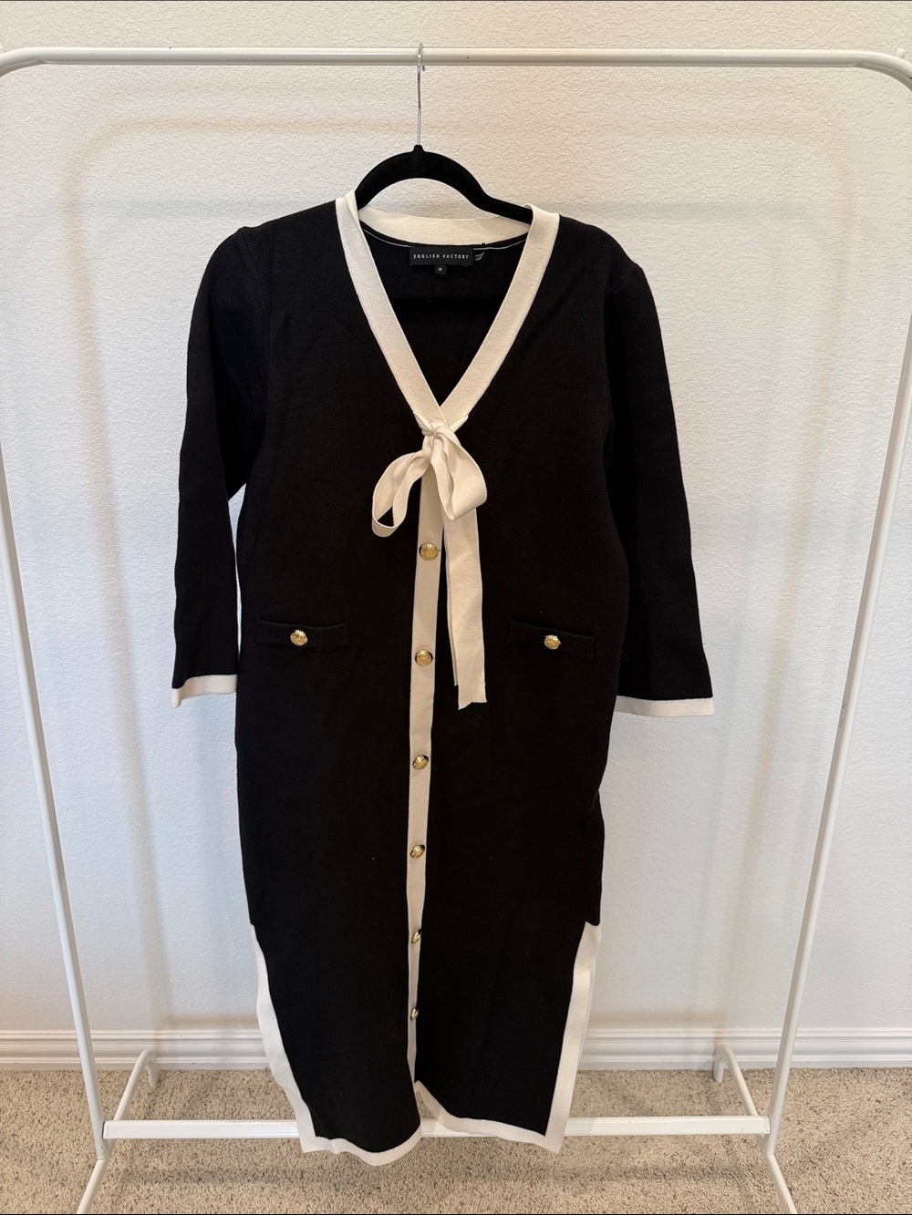 English Factory Black and Cream Knit Tie-Front Long Cardigan